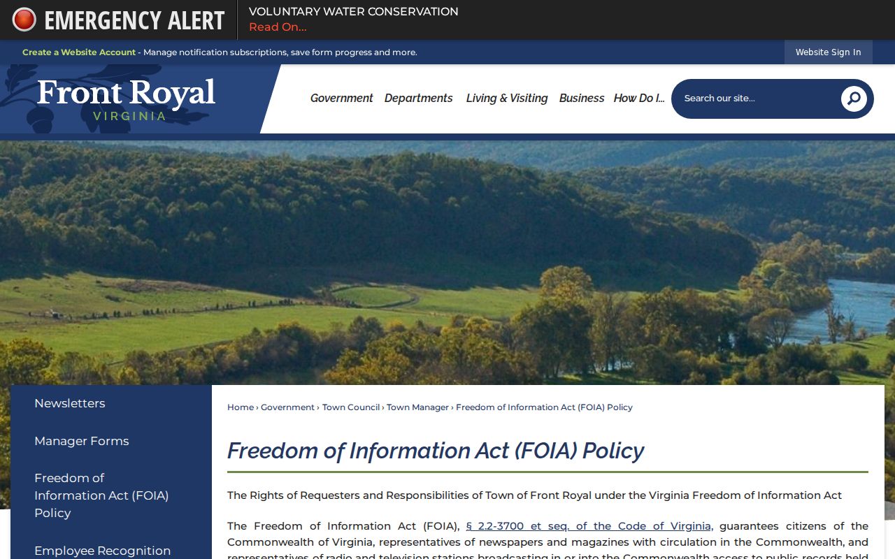 Front Royal criminal records FOIA fees and response policy in Warren County