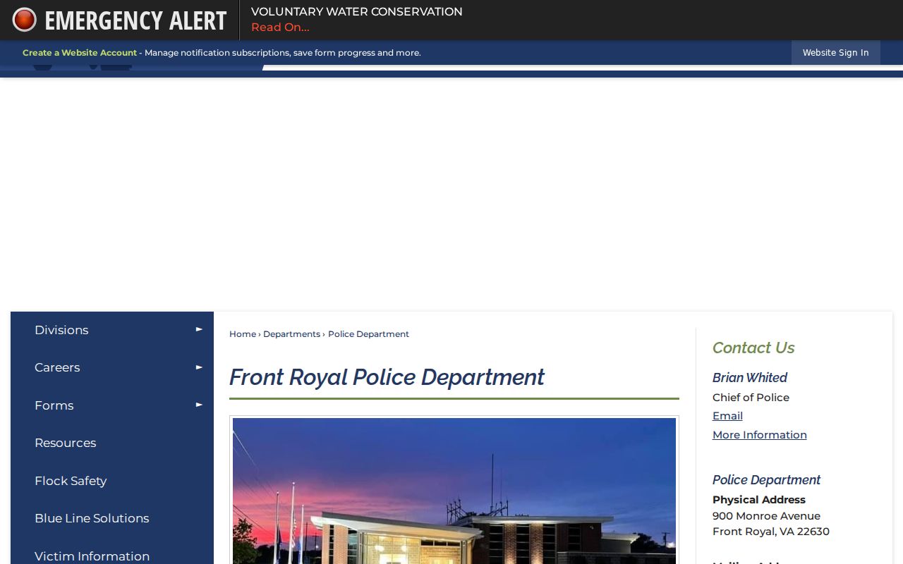 Front Royal criminal history police department contact page in Warren County