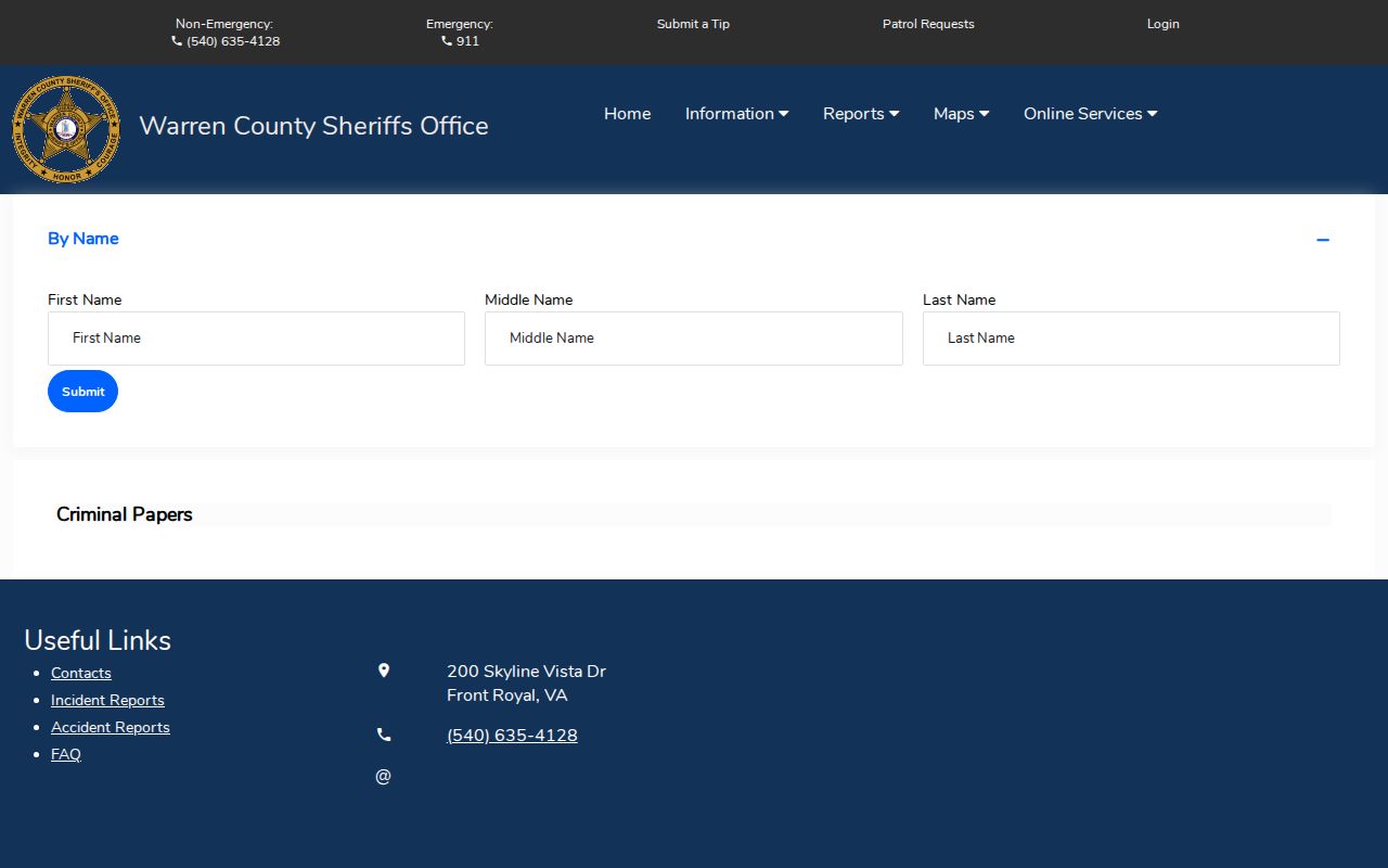 Warren County criminal papers name search fields