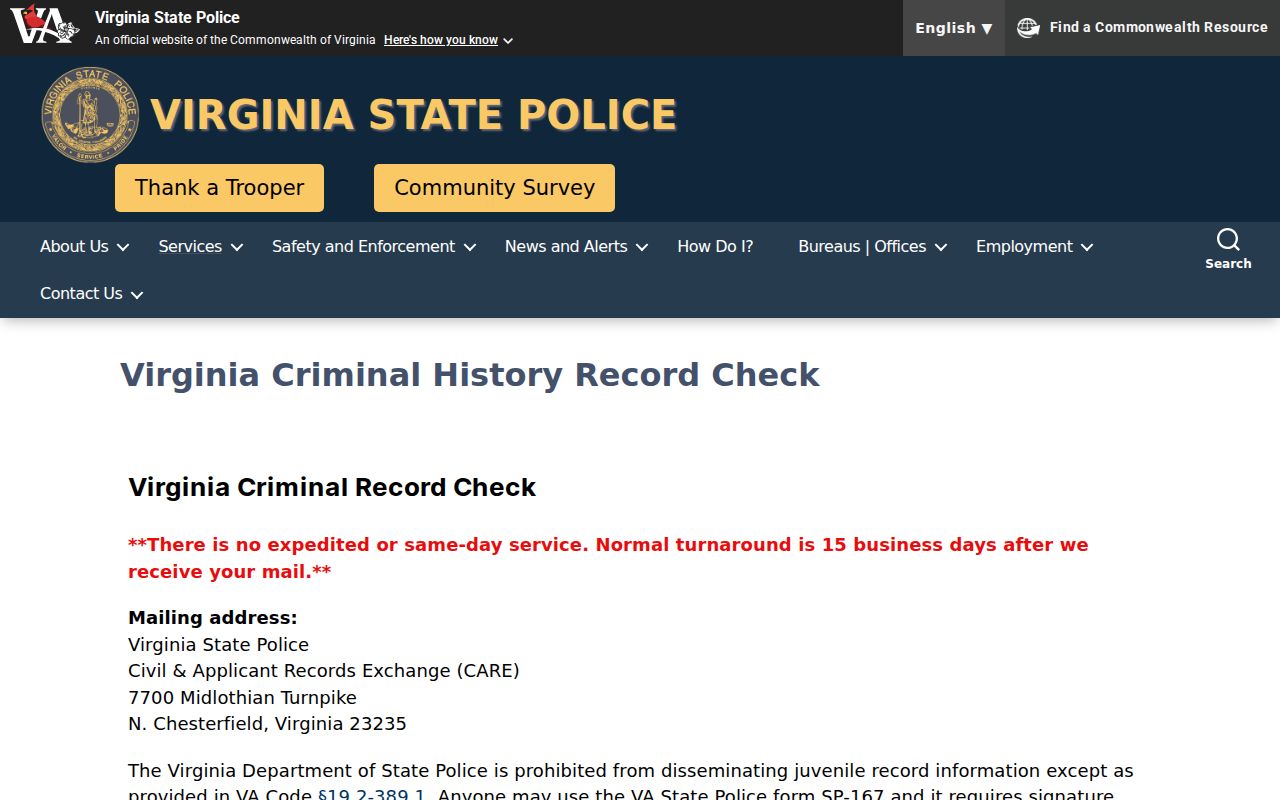 Virginia SP-167 background check process for Warren County criminal history