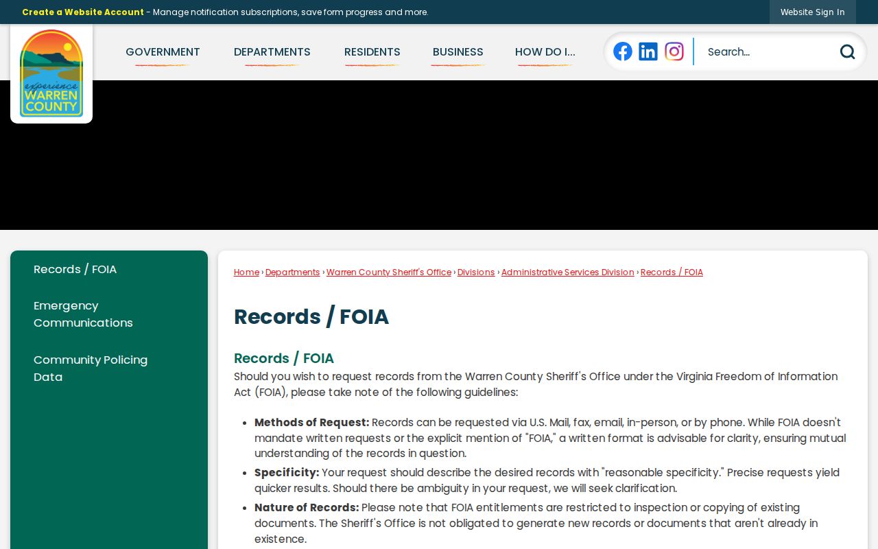 Warren County sheriff criminal records request methods and fees