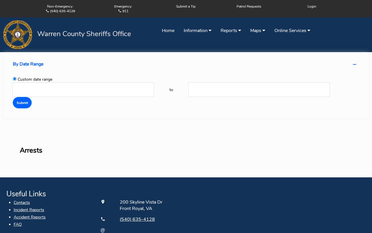 Warren County arrest history date-range search form