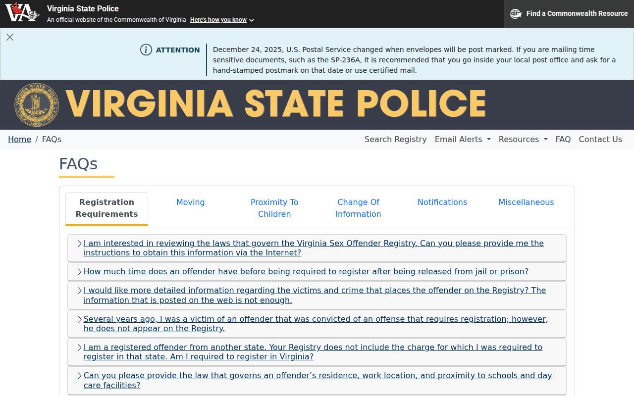 Warren County sex offender registry tier and verification guidance from Virginia State Police